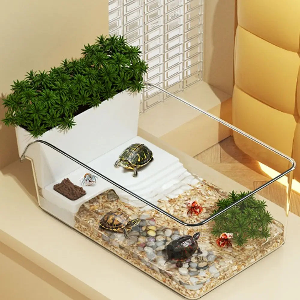Transparent Turtle Tank Ecological Landscaping with Basking Area Reptile Terrarium Habitat Sun Climbing Crab Tank