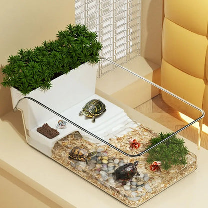 Transparent Turtle Tank Ecological Landscaping with Basking Area Reptile Terrarium Habitat Sun Climbing Crab Tank
