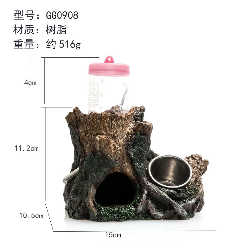 Hamster Auto Feeder Water Dispenser Resin Hideout Cave Small Pet Shelter Simulation Tree Root House