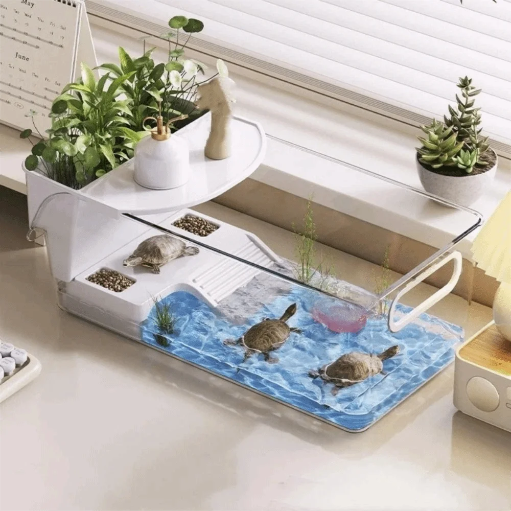 Transparent Turtle Tank Dry Wet Separation Plastic Crab Tank with Climbing Spot Basking Area Turtle Breeding Box Feeding Habitat