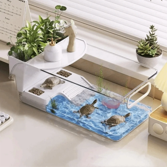 Transparent Turtle Tank Dry Wet Separation Plastic Crab Tank with Climbing Spot Basking Area Turtle Breeding Box Feeding Habitat