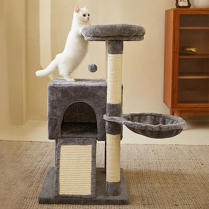 Cat Tree Luxury Cat Towers with Double Condos Spacious Perch Cat Hammock Fully Wrapped Scratching Sisal Post and Dangling Balls