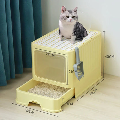 Cat Litter - Box With Scoop, Large Foldable Litter Box With Lid, Front Entry Top Exit Kitty Box, Odor Control