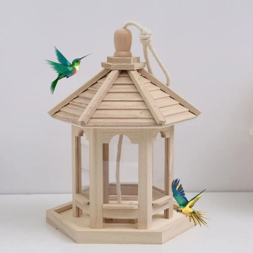 Bird House Ornaments House Shape Bird Feeder House Hanging Wooden Pet Feeder Box Bird Food Dispenser Balcony