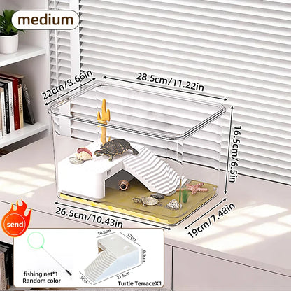 Transparent Reptile Terrarium Tank with Basking Area for Pet Turtles Hermit Crabs Tortoise - Turtle Adoption Habitat