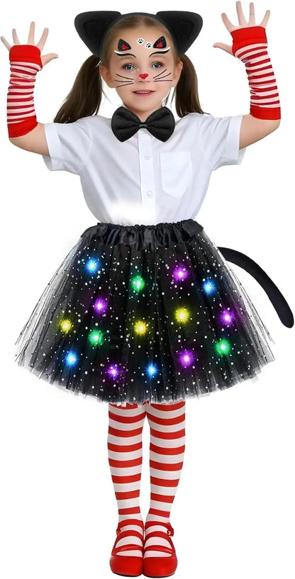 Black Cat Costume for Girls Women Led Tutu Skirt Animal Ears and Tail Halloween Cosplay Party Fancy Dressed
