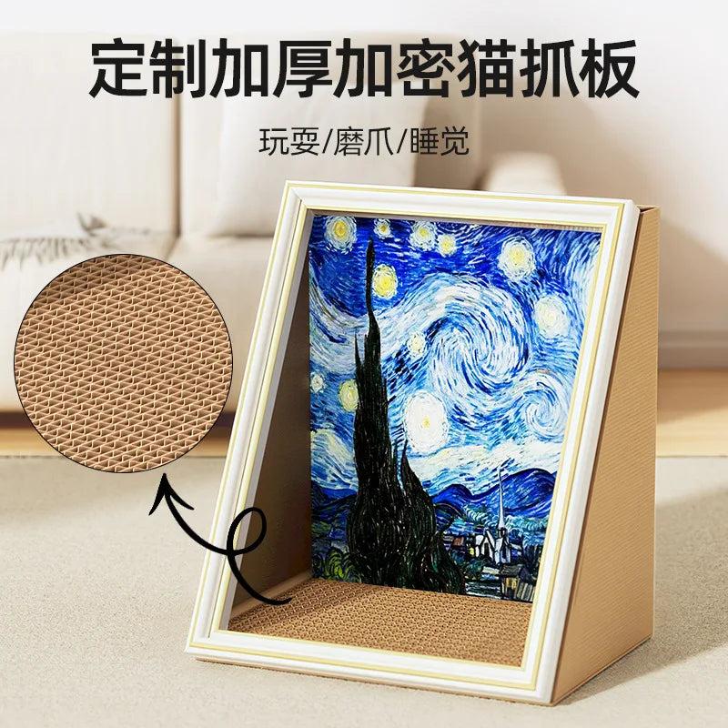 Vintage Oil Painting Cat House with Scratching Board, Multi-Functional Cat Bed & Toy for All Seasons, Retro Indoor Cat Furniture