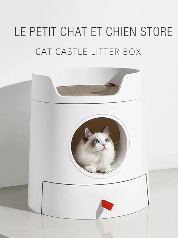 Multifunctional Castle Cat Litter Box with scratch pad large space Reduces Litter Tracking Includes Scoop and Reusable Liner