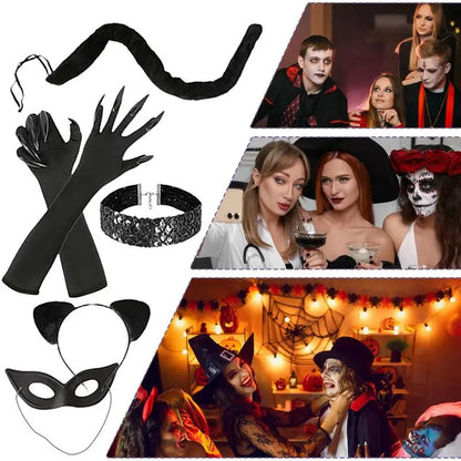 Halloween Catwomen Costume Set Cats Ear Headband Cats Claw Gloves Cats Tail Choker Necklace Black Cats Costume Accessory