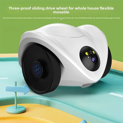 Intelligent pet feeder can be remotely controlled equipped with a camera capable of moving communicating and featuring a laser
