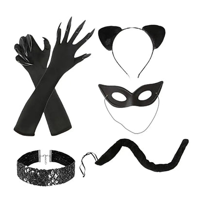 Halloween Catwomen Costume Set Cats Ear Headband Cats Claw Gloves Cats Tail Choker Necklace Black Cats Costume Accessory