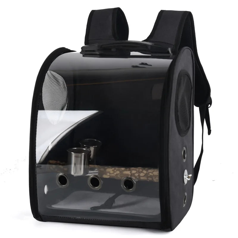 Portable Bird Carrier Bag Birdcage Parrot Transparent Backpack with Feeding Cups Wood Platform for Parakeet Cockatiel Lovebirds