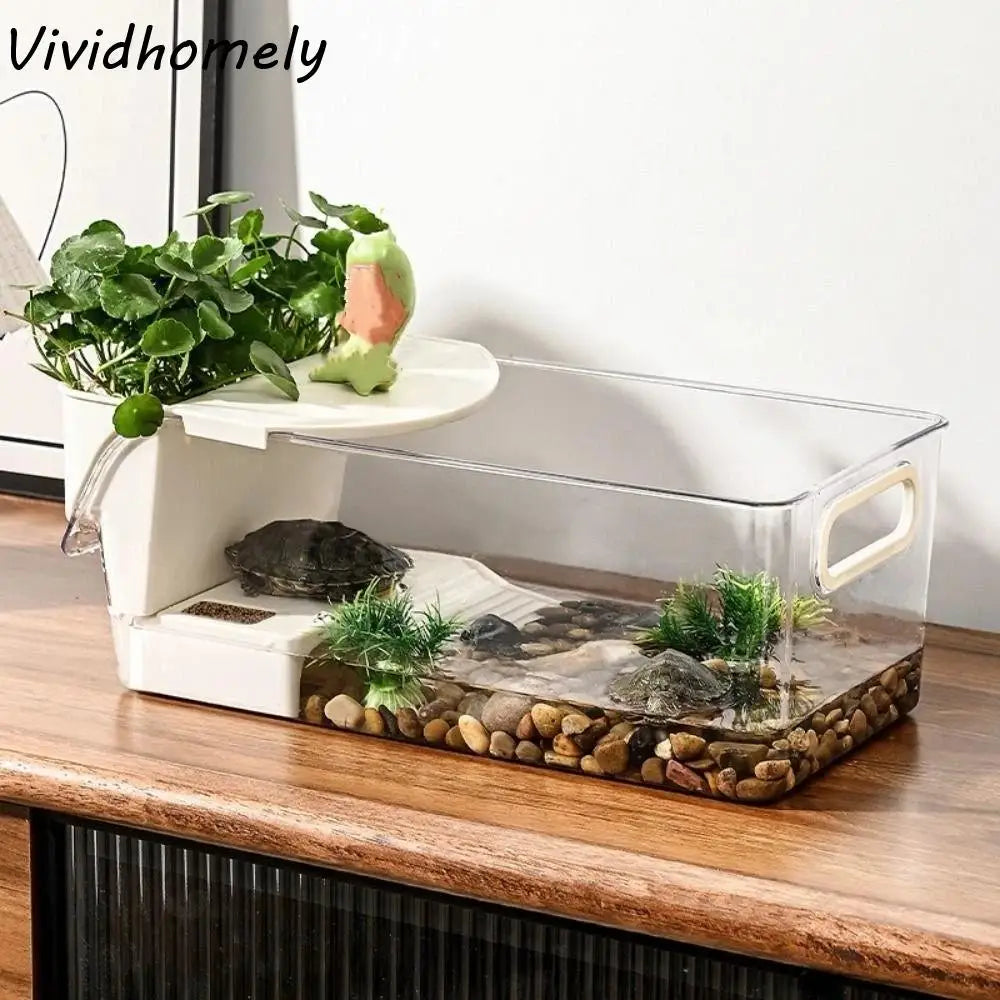 Transparent Turtle Tank Basking Area Plastic Crab Tank Dry Wet Separation with Climbing Spot Turtle Breeding Box Feeding Habitat