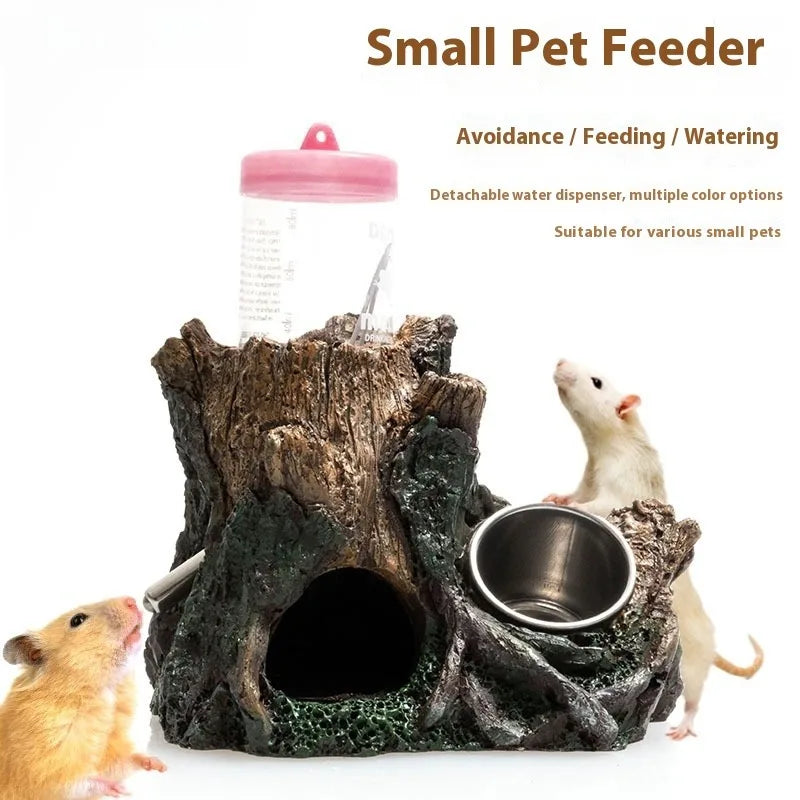 Hamster Auto Feeder Water Dispenser Resin Hideout Cave Small Pet Shelter Simulation Tree Root House