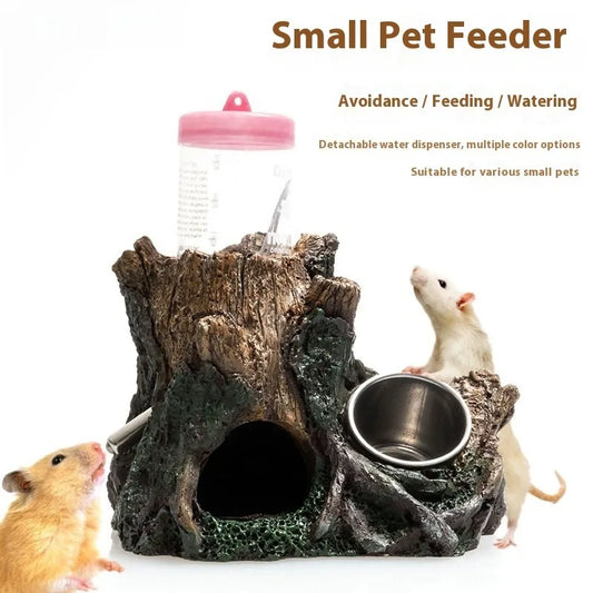 Hamster Auto Feeder Water Dispenser Resin Hideout Cave Small Pet Shelter Simulation Tree Root House