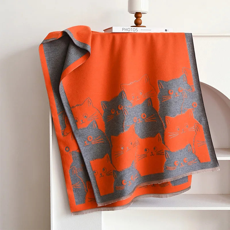 New Fashion Brand Cute Cat Ladies' Jacquard Pashmina Cashmere Scarf Winter Thick Warmth Shawl Coldproof Windproof Blanket Scarf