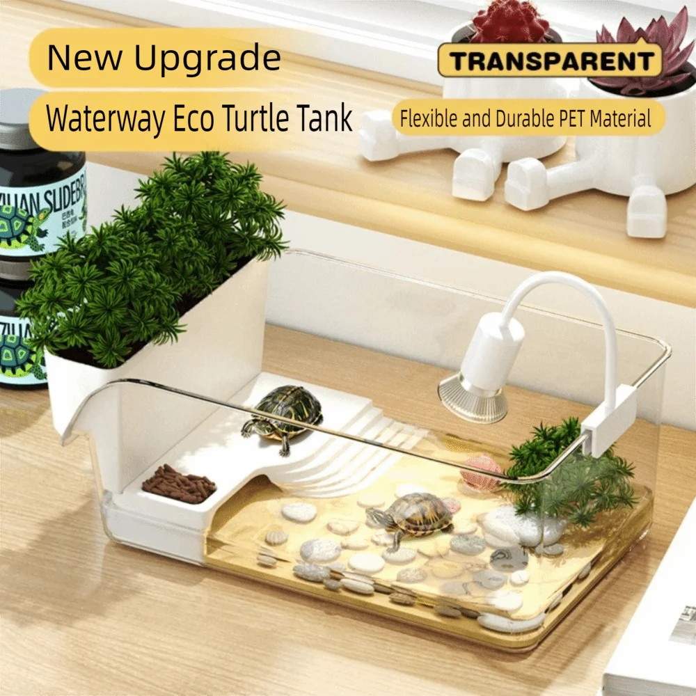 Transparent Turtle Tank Ecological Landscaping with Basking Area Reptile Terrarium Habitat Sun Climbing Crab Tank