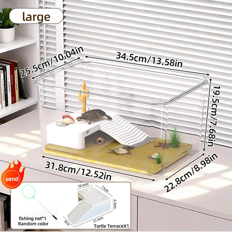Transparent Reptile Terrarium Tank with Basking Area for Pet Turtles Hermit Crabs Tortoise - Turtle Adoption Habitat