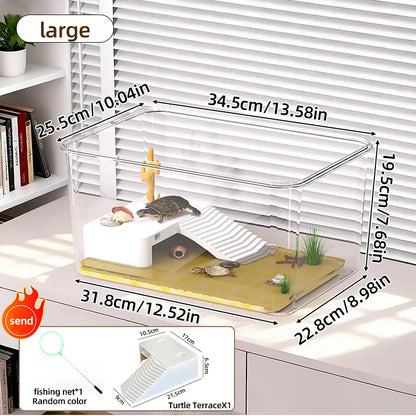 Transparent Reptile Terrarium Tank with Basking Area for Pet Turtles Hermit Crabs Tortoise - Turtle Adoption Habitat