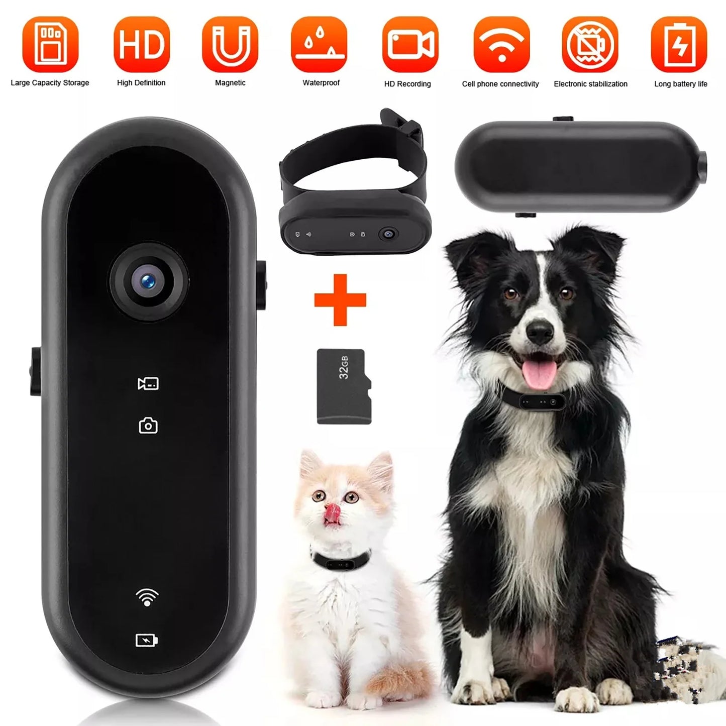 Wireless Pet Dog Cat Collar Camera 120 Degree Wide Angle Pet Sports Action Camera Monitor For Video Records Indoor Outdoor 32GB