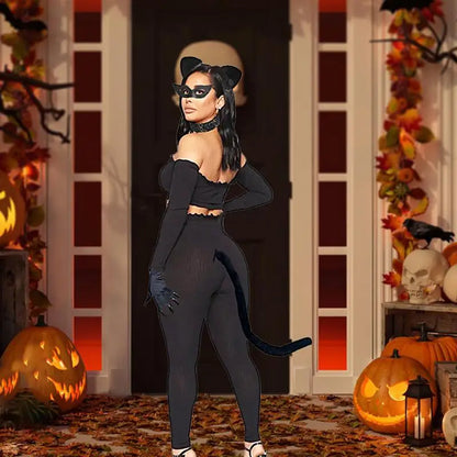 Halloween Catwomen Costume Set Cats Ear Headband Cats Claw Gloves Cats Tail Choker Necklace Black Cats Costume Accessory