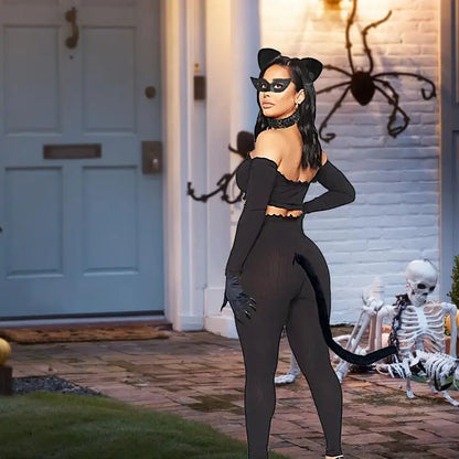 Halloween Catwomen Costume Set Cats Ear Headband Cats Claw Gloves Cats Tail Choker Necklace Black Cats Costume Accessory