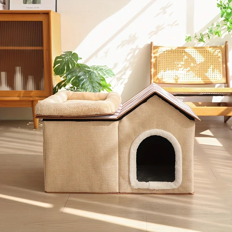 2-in-1 Cat House with Removable Bed - Large All-Season Warm Pet Villa for Indoor & Outdoor Use, Cozy Durable Cat Furniture