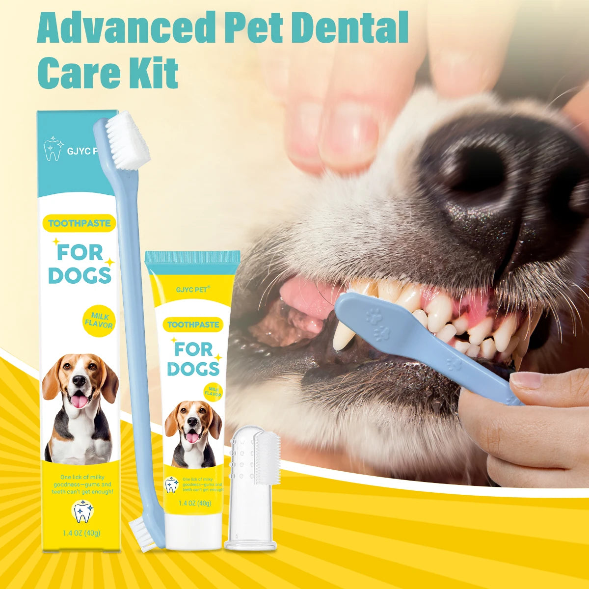 Pet Dental Care Kit - Milk Flavor Free Toothbrush Deep Cleaning Freshens Breath Reduces Plaque Tartar for Cats Dogs