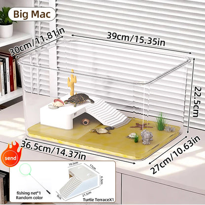 Transparent Reptile Terrarium Tank with Basking Area for Pet Turtles Hermit Crabs Tortoise - Turtle Adoption Habitat