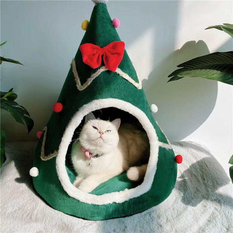 Dog Bed Christmas Tree Shape Cat Bed Winter Warm Cozy Cave Cage Portable Pets Supplies Christmas Accessories Litter Kennel