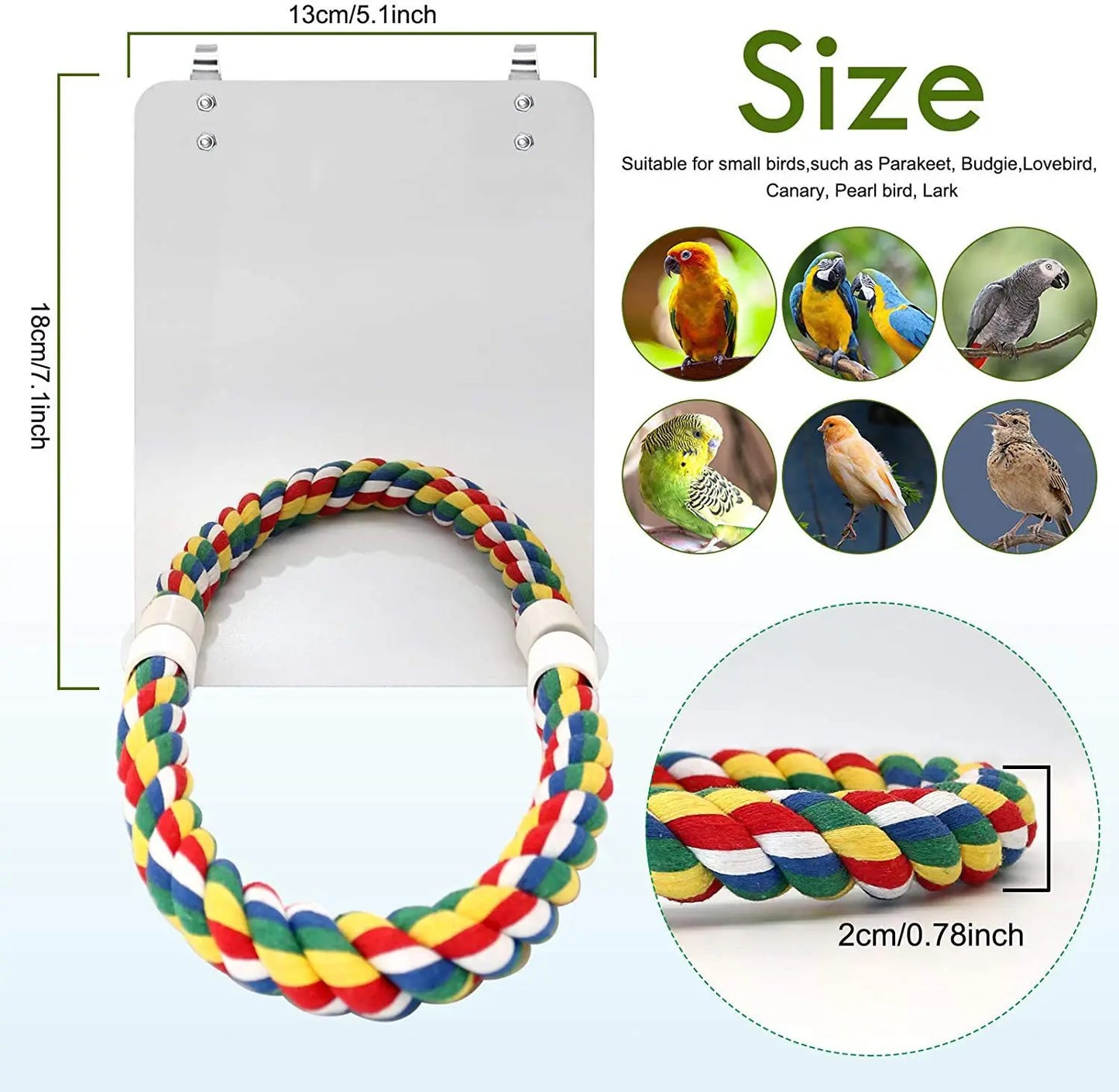 Bird Mirror with Perch Cage Swing Toy Macaws Finches Small Parakeet Rope Stand for Parrot Pet Supplies