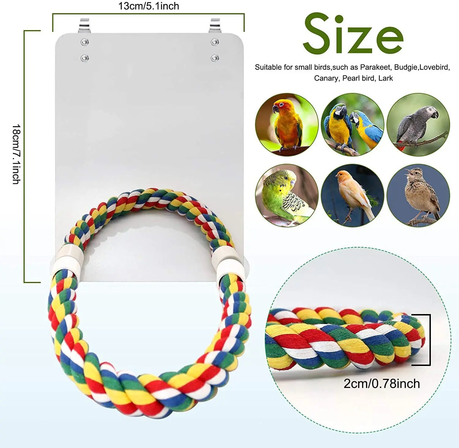 Bird Mirror with Perch Cage Swing Toy Macaws Finches Small Parakeet Rope Stand for Parrot Pet Supplies