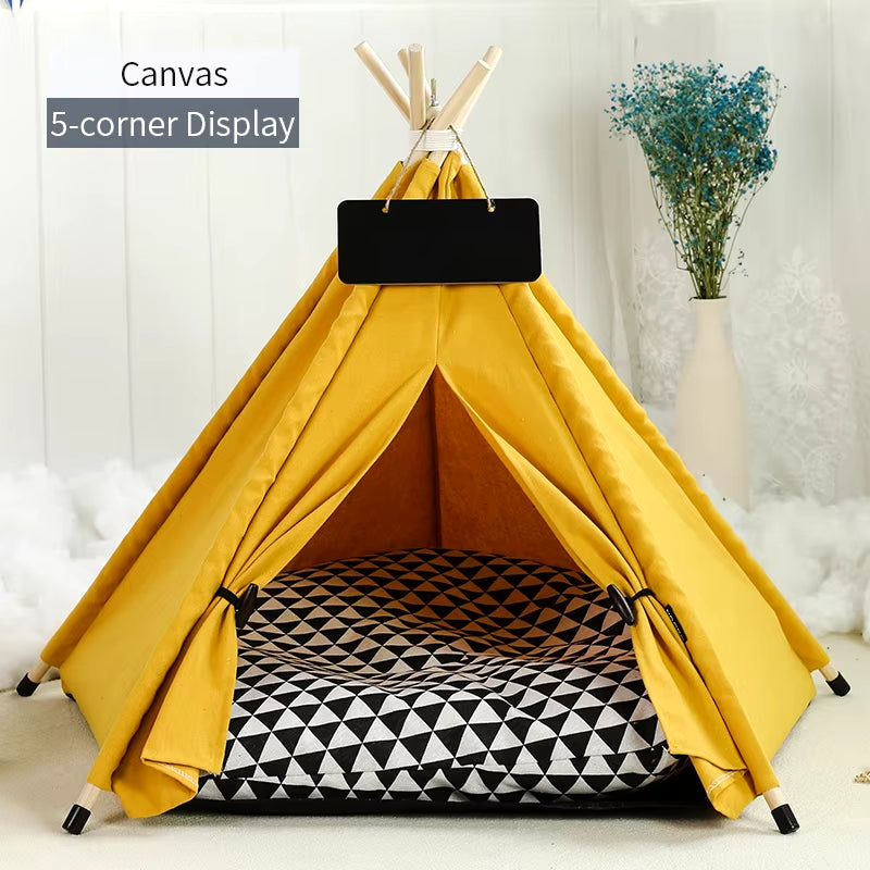 Pet Teepee Tent for Cats and Dogs Portable Removable Washable Dog House Indoor Puppies House with Cushion and Blackboard Cat Bed