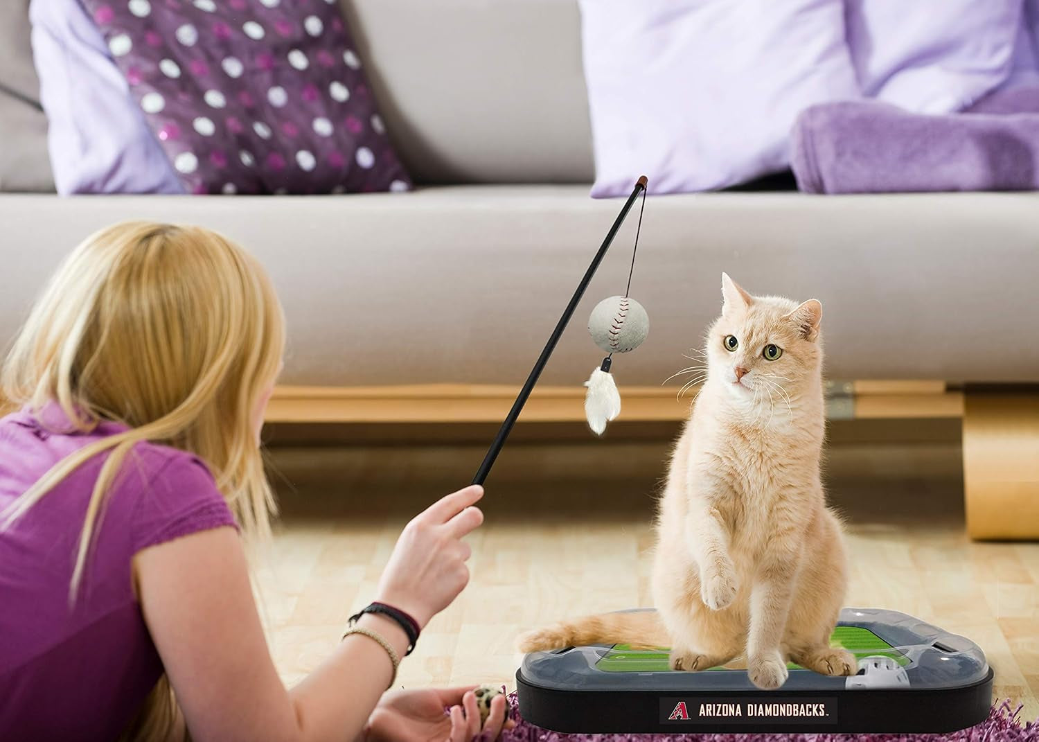 Cat Scratching Toy MLB ARIZONA DIAMONDBACKS Baseball Field Cat Scratcher Toy with Interactive Cat Ball Bell in Tracks. 5-In-1 CAT TOY: Cat Wand Poll with CATNIP FILLED Plush Baseball & Feathers.