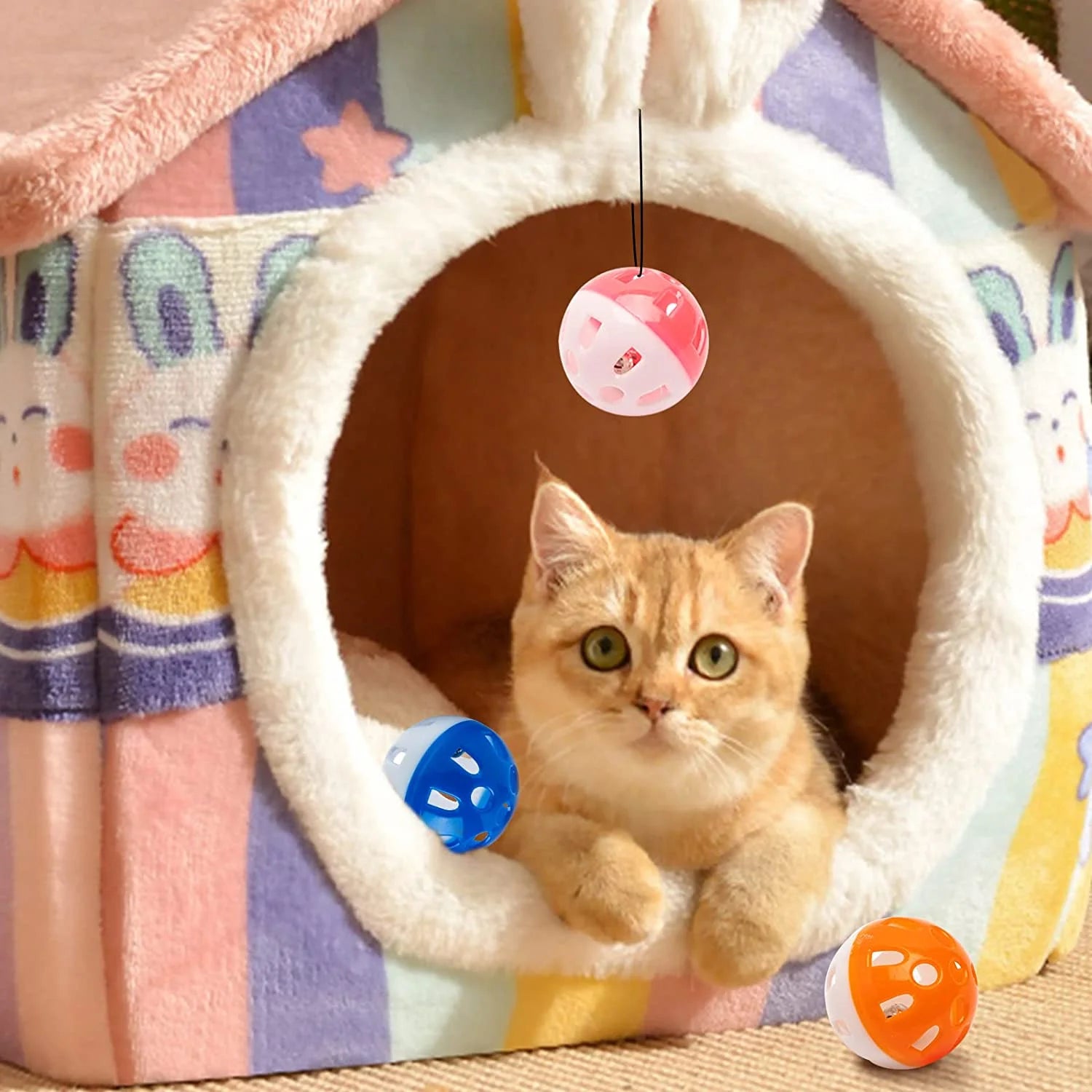 10 Pieces Pet Cat Kitten Play Balls with Jingle Bell Pounce Rattle Toy Random Color