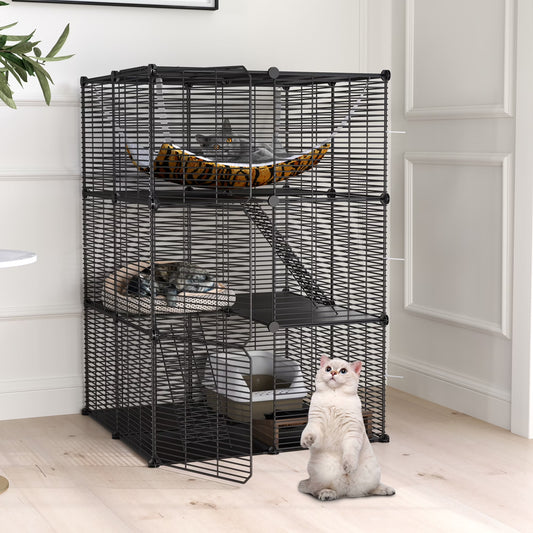 41" Large 3-Tier Cat Cage with Extra Large Hammock - Indoor Pet Playpen for 1-2 Cats, Black