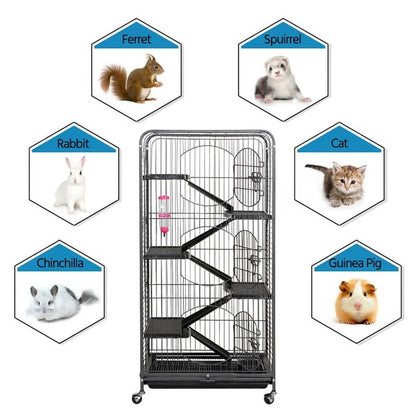 Large 6 Level Rolling Pet Cage with 3 Doors, Pet Bowl, and Water Bottle for Small Animals, Black