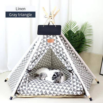 Pet Teepee Tent for Cats and Dogs Portable Removable Washable Dog House Indoor Puppies House with Cushion and Blackboard Cat Bed