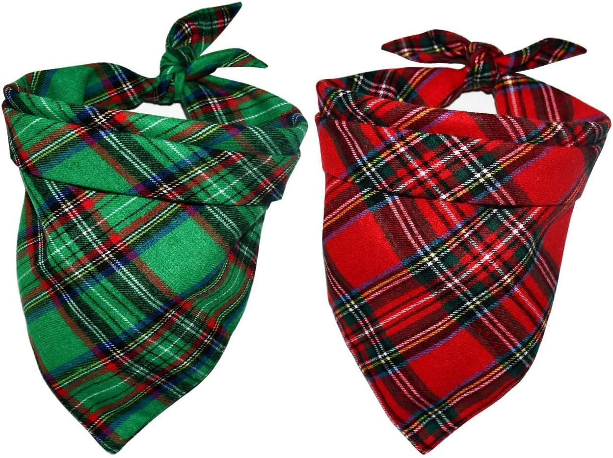 2 Pack Dog Bandana Christmas Classic Plaid Pets Scarf Triangle Bibs Kerchief Set Pet Costume Accessories Decoration for Small Medium Large Dogs Cats Pets (Green + Red, Small)