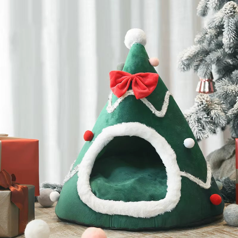 Dog Bed Christmas Tree Shape Cat Bed Winter Warm Cozy Cave Cage Portable Pets Supplies Christmas Accessories Litter Kennel