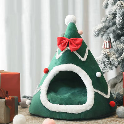 Dog Bed Christmas Tree Shape Cat Bed Winter Warm Cozy Cave Cage Portable Pets Supplies Christmas Accessories Litter Kennel