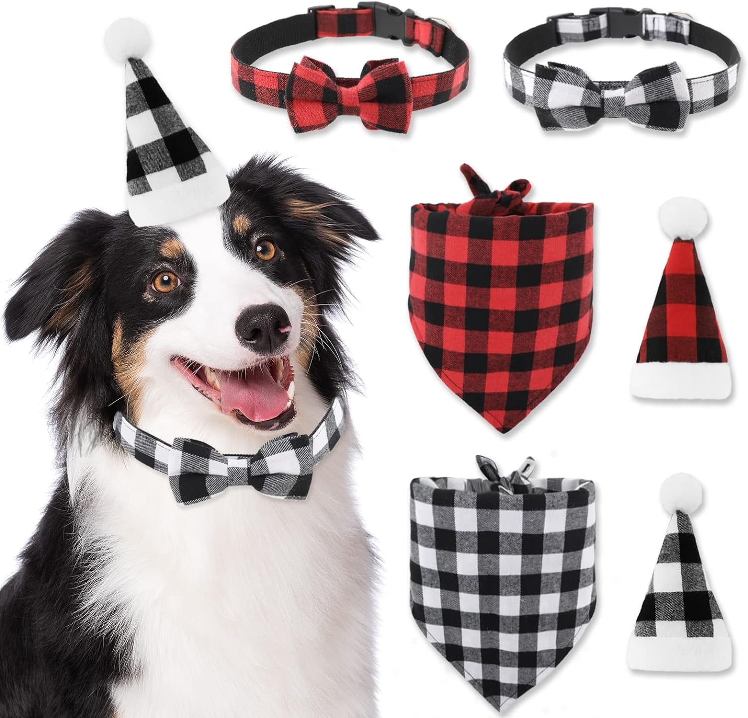 6Pcs Christmas Pet Costume Accessories Kit White Red Black Buffalo Check Plaids Dog Bandana Christmas Hat Adjustable Bow Tie Collar Pet Triangle Bib Kerchief Dog Scarf for Cat Puppy Dog, M