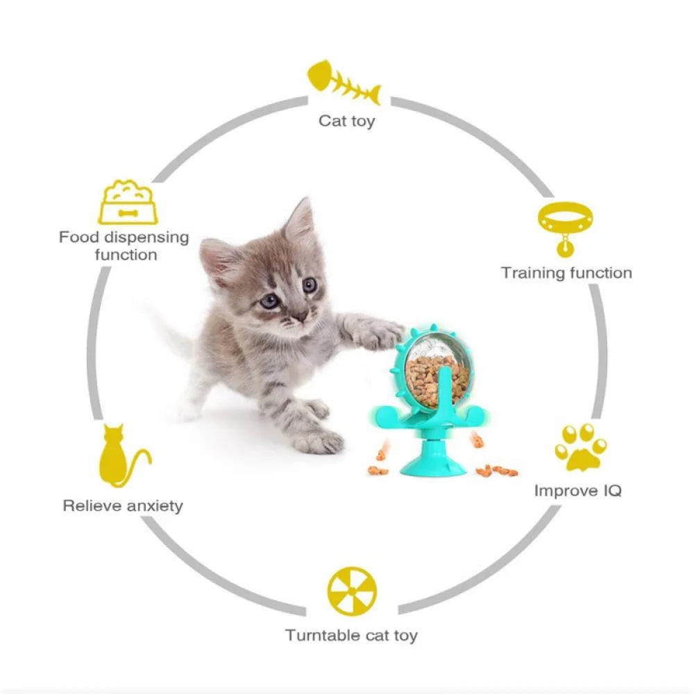 Cat Food Puzzle, Windmill Cat Toy, Turntable Food Dispenser, Multifunctional Interactive Teasing, Funny Kitten Toys Cat Leaking Food Puzzle Toy with Strong Suction Cup