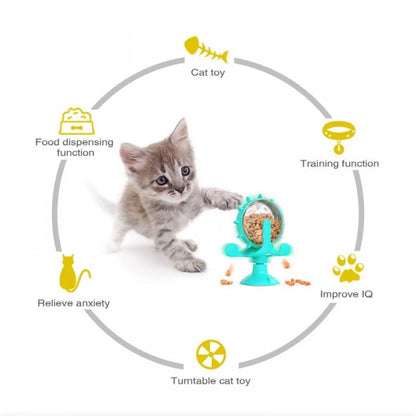 Cat Food Puzzle, Windmill Cat Toy, Turntable Food Dispenser, Multifunctional Interactive Teasing, Funny Kitten Toys Cat Leaking Food Puzzle Toy with Strong Suction Cup