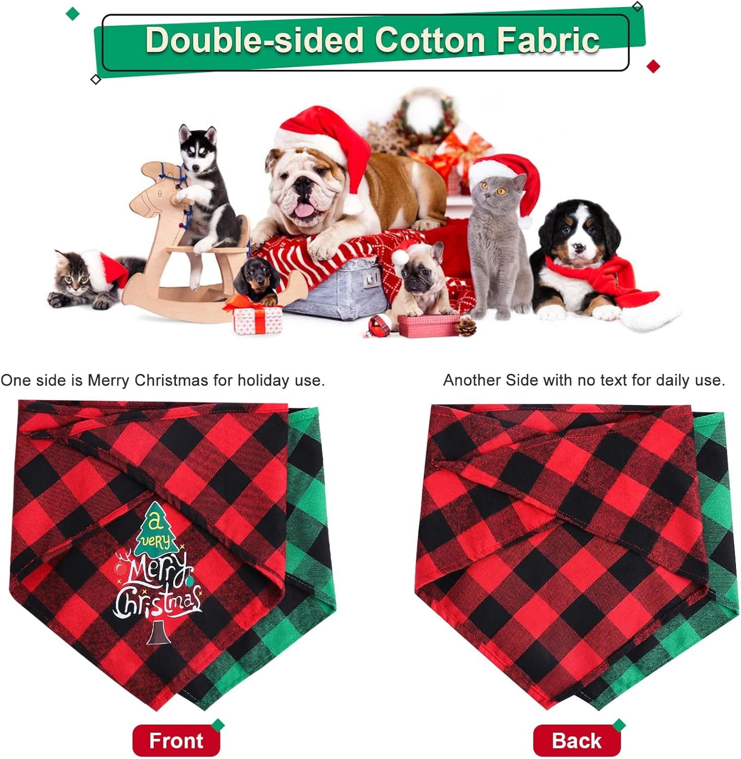 2 Pack Dog Christmas Bandana, Classic Plaid Pet Scarf Triangle Bibs Kerchief Bulk, Merry Christmas Pet Bandana Xmas Costume Accessories for Puppy Small Medium Large Dogs Cats Outfit