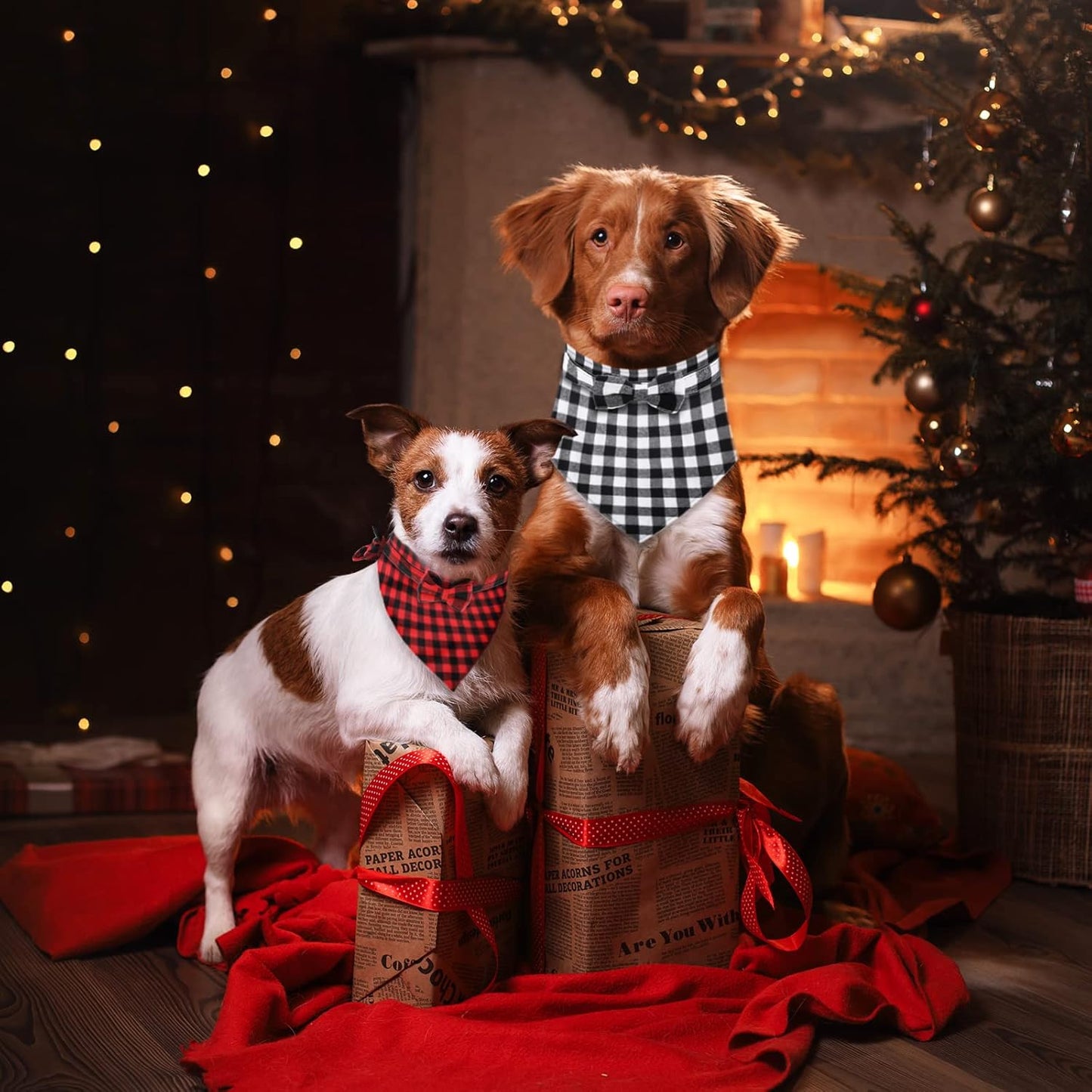 6Pcs Christmas Pet Costume Accessories Kit White Red Black Buffalo Check Plaids Dog Bandana Christmas Hat Adjustable Bow Tie Collar Pet Triangle Bib Kerchief Dog Scarf for Cat Puppy Dog, M