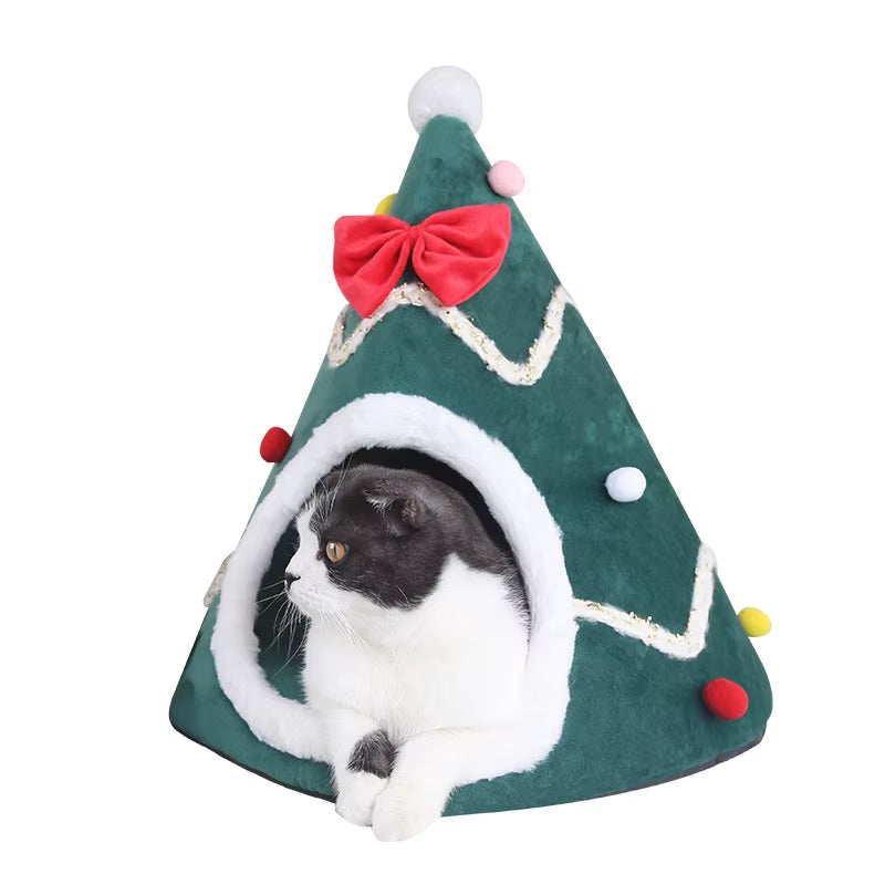 Dog Bed Christmas Tree Shape Cat Bed Winter Warm Cozy Cave Cage Portable Pets Supplies Christmas Accessories Litter Kennel