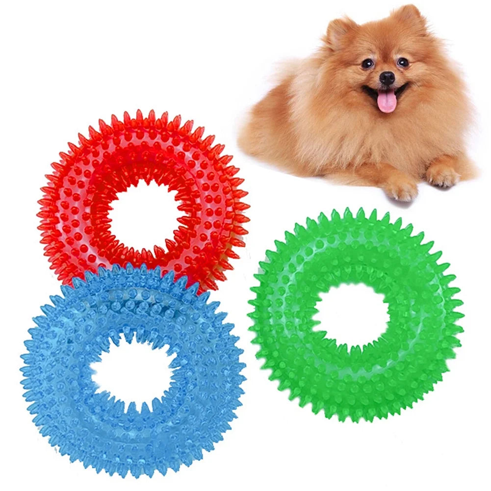 Dog Squeaky Toys, Non Toxic Dog Thorn Circle Ring Squeak Chew Toss Fetch Toys for Dogs, TPR Rubber Puppy Toys Spikey Dog Chew Toys for Small Medium and Large Dogs, Red, 1Pc