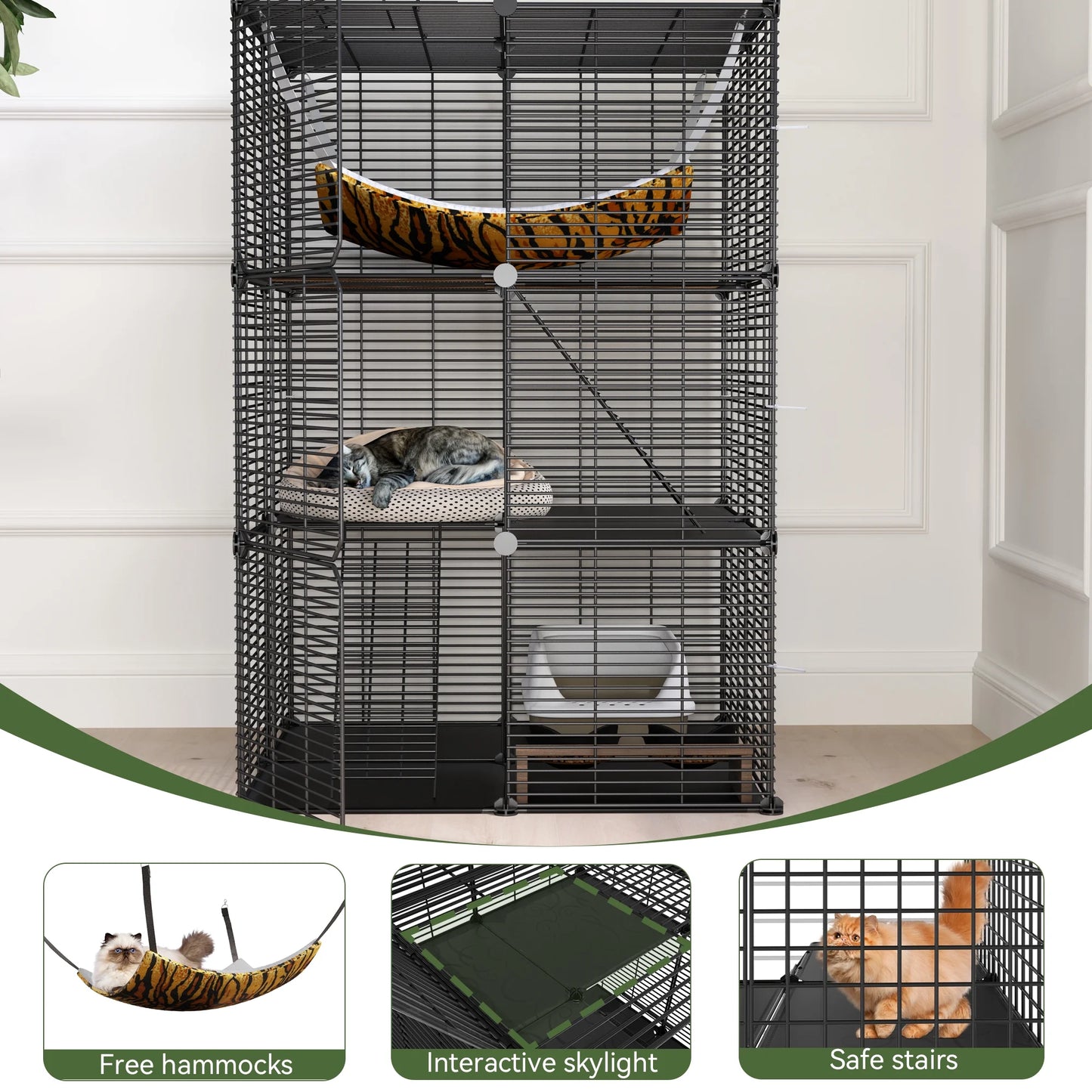 41" Large 3-Tier Cat Cage with Extra Large Hammock - Indoor Pet Playpen for 1-2 Cats, Black