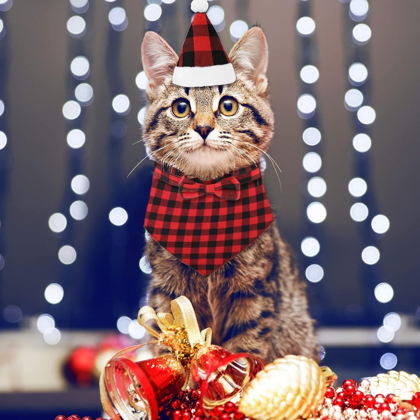 6Pcs Christmas Pet Costume Accessories Kit White Red Black Buffalo Check Plaids Dog Bandana Christmas Hat Adjustable Bow Tie Collar Pet Triangle Bib Kerchief Dog Scarf for Cat Puppy Dog, M